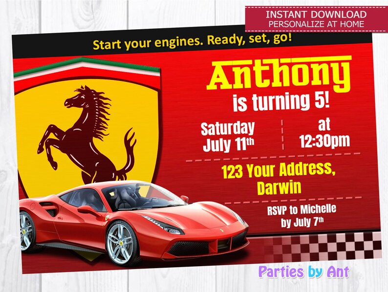 INSTANT DOWNLOAD Ferrari Racing Car Birthday Party ...