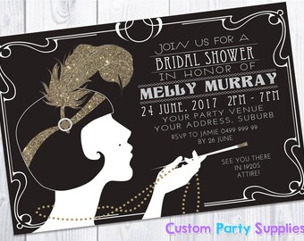 1920s Gatsby Bridal Shower Hens Birthday Party Invitation Invite Personalised Personalized 1920