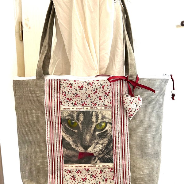 SAC tissu zippé "LANGUE de CHAT ", Fait main, gris rouge , fait main