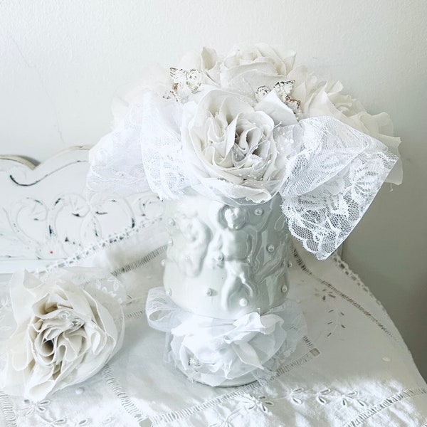 Pot fleurs tissu «ANGES» shabby chic, dentelle style victorien vintage romantique