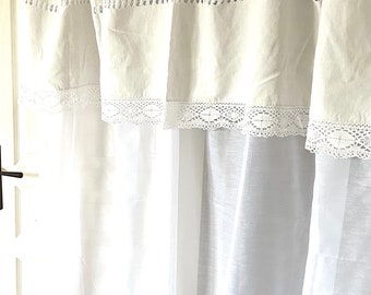 RIDEAU voilage « MONOGRAMMES », Fait main, blanc, drap ancien, style vintage