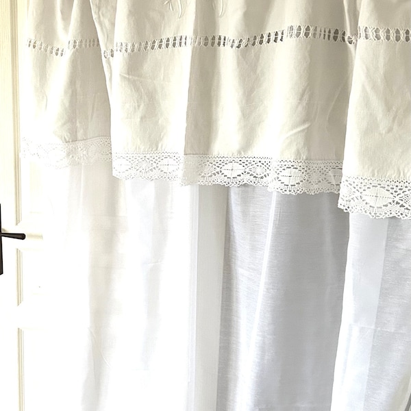 RIDEAU voilage « MONOGRAMMES », Fait main, blanc, drap ancien, style vintage