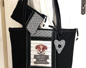 Sac tissu zippé + trousse "CHIEN COUPABLE", noir, humour prisonnier, fait main