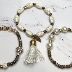 Boho Beaded Bracelet Set: Tassel, Pearl, Crystal – Neutral Tones Stackable Jewelry