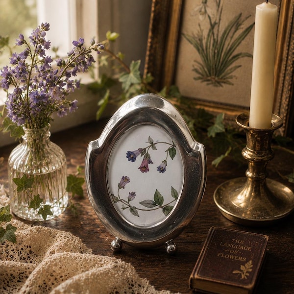 Vintage Pewter Oval Frame with Purple Wildflower Botanical Print, Arched Top, Romantic Cottagecore Decor, English Country
