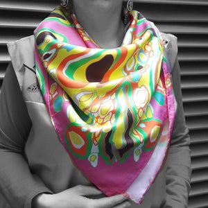 Ameba Silk twill scarf, 100% silk twill, luxury accessories, square scarf 90x90, hand finish silk shawl, luxury gift, abstract design scarf