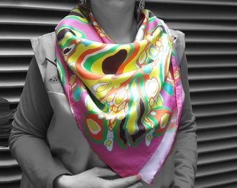 Ameba Silk twill scarf, 100% silk twill, luxury accessories, square scarf 90x90, hand finish silk shawl, luxury gift, abstract design scarf