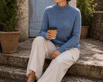 Women's Handknitted Jumper, Wool Blue Sweater,