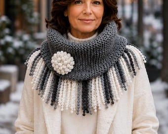 Gray Oversize Coal, White Flower Neck Warmer, Seamless Infinity Scarf