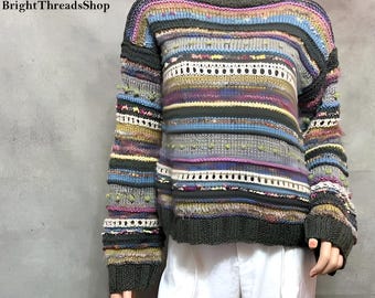 Suéter tejido a mano para mujer, Jersey de rayas multicolor, Jersey de mezcla de lana