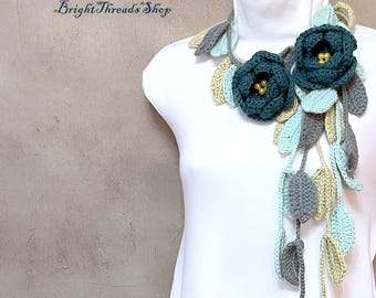 Crochet Flower Lariat Scarf: Green Floral Crochet Necklace