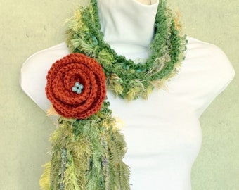 Crochet Lariat Crochet Fleur Foulard - Green Queen Brique Fleur Crochet Bijoux Crochet Lariat Collier Cadeau pour Elle