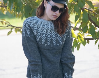 Jersey de lana Fair Isle gris Suéter Lopapeysa Jersey de canesú redondo Jacquard Talla XL