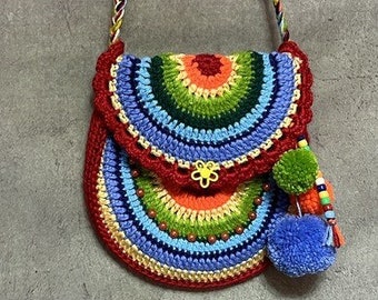 Colorful Crochet Purse: Girls Shoulder Bag with Pompons