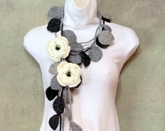 Elegant Gray Crochet Lariat, Crochet Flower Scarf, White Flowers Crochet Jewelry, Crochet Necklace