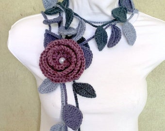 Elegant Crochet Lariat, Crochet Flower Scarf, Antic Purple Color Scarf, Crochet Jewelry, Crochet  Necklace