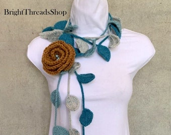 Crochet Lariat Scarf: Aqua Gray Flower Brooch Necklace