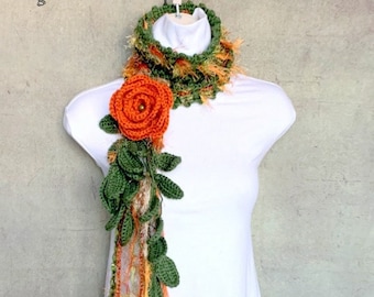 Elegant Crochet Lariat, Dark Green Scarf, Big Terracotta Flower Scarf, Crochet Jewelry Crocheted Necklace  Gift for Her