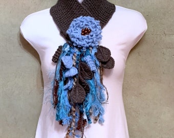Crochet Lariat : Brown Acrylic Scarf with Blue Flower Brooch