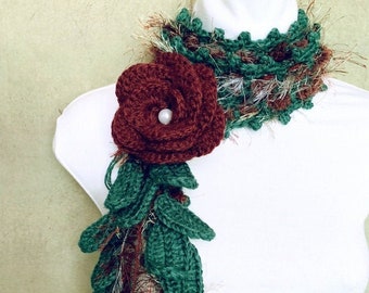 Elegant Crochet Lariat Dark Green Crochet Flower Scarf - Wine Rosa Victoria Crochet Jewelry Crocheted Necklace