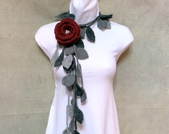 Crochet Lariat Scarf: Gray Leaves, Wine Flower Brooch