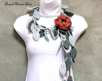 Crochet Lariat:   Elegant Gray Leaf Scarf with Orange Flower