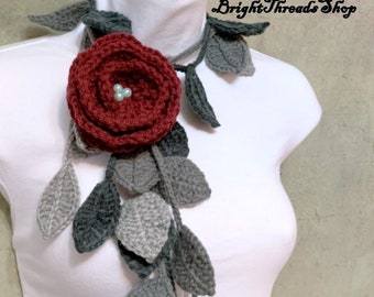 Crochet Lariat, Antic Gray Color Scarf, Crochet Wine Flower Scarf, Crochet Jewelry, Crochet Necklace