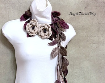 Elegant Dusty Pink Crochet Lariat, Crochet Flower Scarf, Dusty Pink Flowers Crochet Jewelry, Crochet Necklace