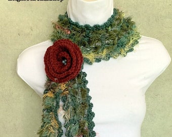 Crochet Lariat Dark Green Crochet Flower Scarf Wine Flower  Crochet Jewelry Crochet Lariat Necklace