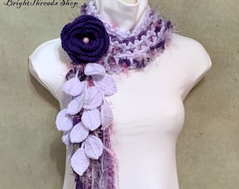 Crochet Lariat Scarf: Light Purple Leaves with Dark Purple Flower Brooch