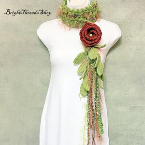 Elegant Crochet Lariat, Light Green Scarf, Terracotta Flower Scarf, Crochet Jewelry, Crocheted Necklace
