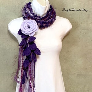 Elegant Crochet Lariat, Dark Purple Scarf, Light Purple Flower, Crochet Jewelry, Crocheted Necklace