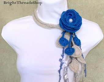 Elegant Crochet Lariat Gray Crochet Flower Scarf  Blue Flower Crochet Jewelry Crochet Necklace