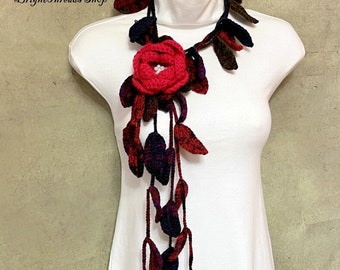 Crochet Flower Lariat Scarf: Bright Pink Floral Necklace