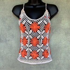 Hand Made Tank Top, Women&#39;s Crochet Beige Top, Crochet Flower Top, Summer Tank Top, Beach Tank, Crochet Cotton Tank Top