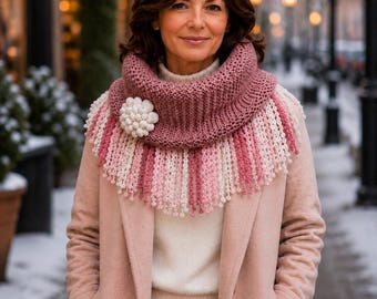 Pink Oversize Coal, White Flower Neck Warmer, Seamless Infinity Scarf