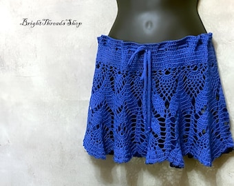 Minifalda de crochet hecha a mano: Vestido playero de encaje azul