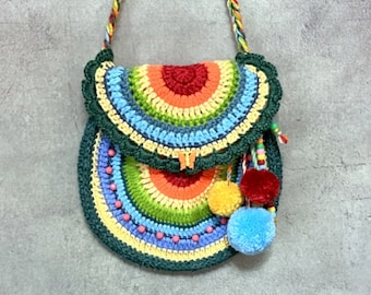 Crochet Crossbody Bag: Colorful Acrylic Purse with PomPoms