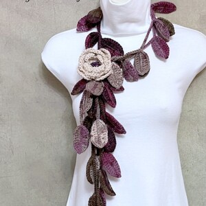 Elegant Dusty Pink Crochet Lariat, Crochet Flower Scarf, Dusty Pink Flowers Crochet Jewelry ...
