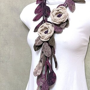 Elegant Dusty Pink Crochet Lariat, Crochet Flower Scarf, Dusty Pink Flowers Crochet Jewelry ...