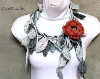 Crochet Lariat:   Elegant Gray Leaf Scarf with Orange Flower