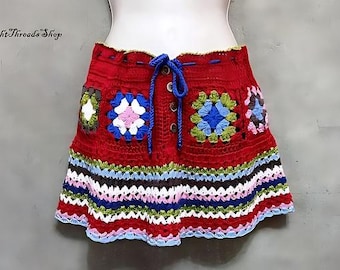 Crochet Granny Square Mini Skirt: Colorful Boho Festival Skirt