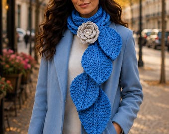Handmade Leaf Lariat, Knit Neck Wrap with Removable Flower Brooch, Statement Fiber Art Accessory