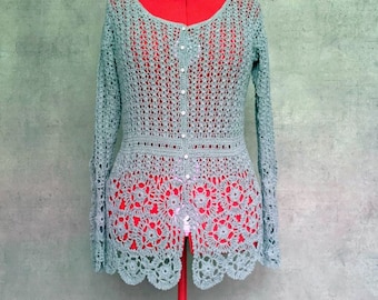 Mint Green Crochet Cardigan for Women, Handmade Lace Cardigan, Cotton Blend Sweater, Lightweight Spring Summer Cardigan, Women's Size Medium