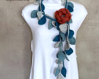 Crochet Lariat Scarf: Aqua Gray Flower Brooch Necklace