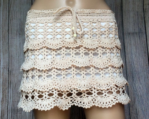 Crochet Skirt Cotton Lace Skirt Frills Skirt Beige Boho Skirt | Etsy