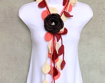 Crochet Lariat Necklace: Brown Flower Scarf, Elegant Fall Colors