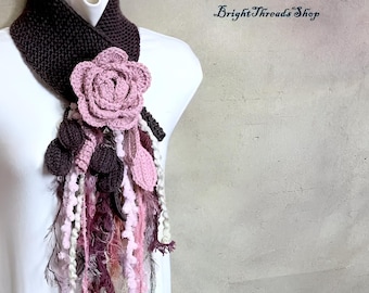 Crochet Lariat Scarf: Wool-Blend, Big Blue Flower, Fringe