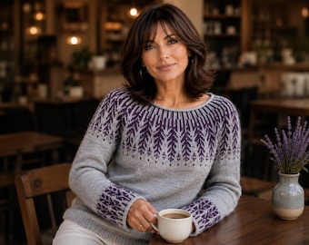 Hand Knit Alpaca Mohair Sweater, Gray Fair Isle Yoke Sweater, Soft Wool Pullover, Cozy Winter Sweater, Women's Knitwear