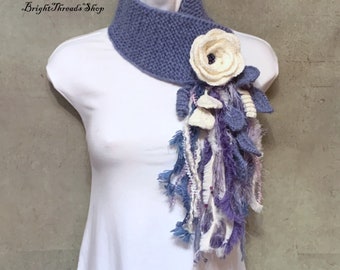 Crochet Wool-Blend Lariat Scarf: Light Purple with White Flower Brooch